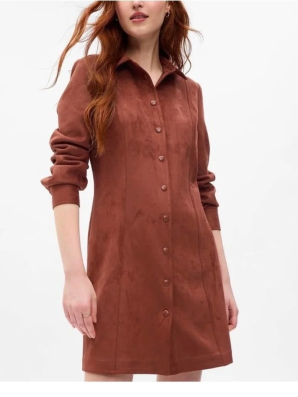 GAP Rust Brown L Tall Faux Suede Button Front Mini Shirt Dress Minimalist Boho